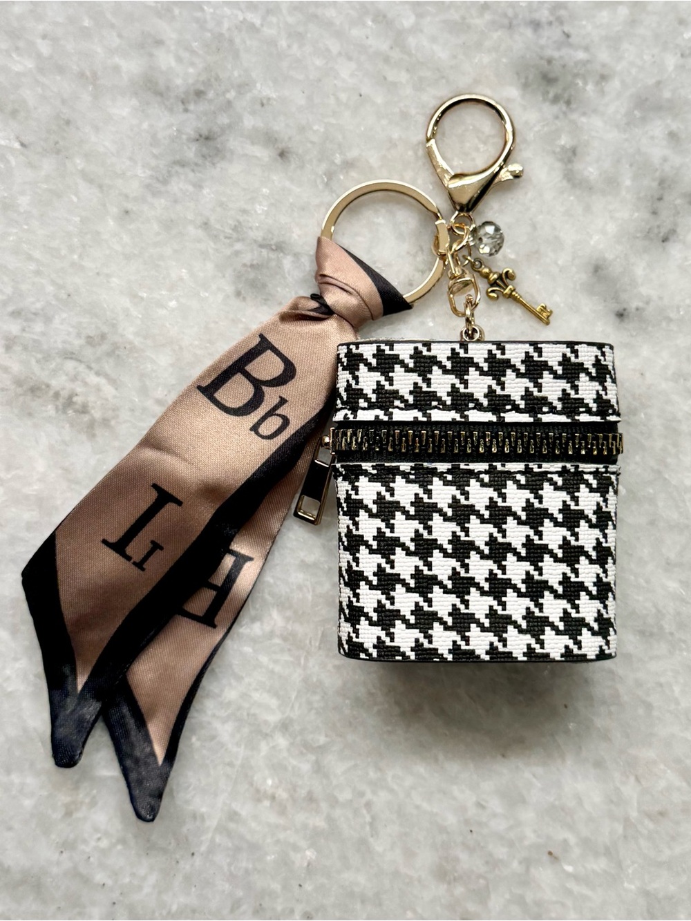 New Houndstooth Faux Leather Mini Bag Purse Charm Keychain w/ Scarf & Charms